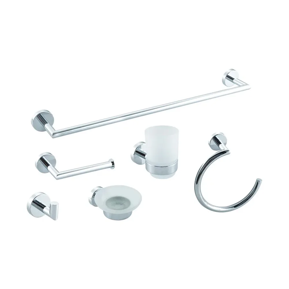 Juego de accesorios de baño cromados: toallero, papelera, jabonera, vaso y argolla