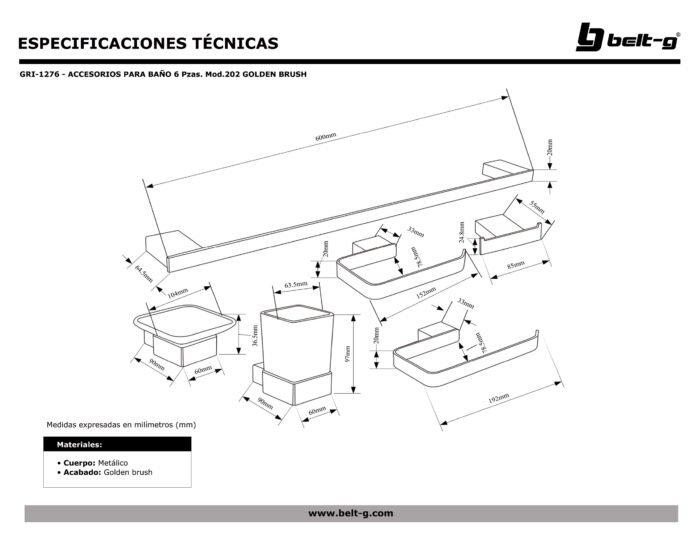 Accesorios para Baño Belt-G Modelo 202 Golden Brush 6 Piezas (Dorado) - Imagen 2