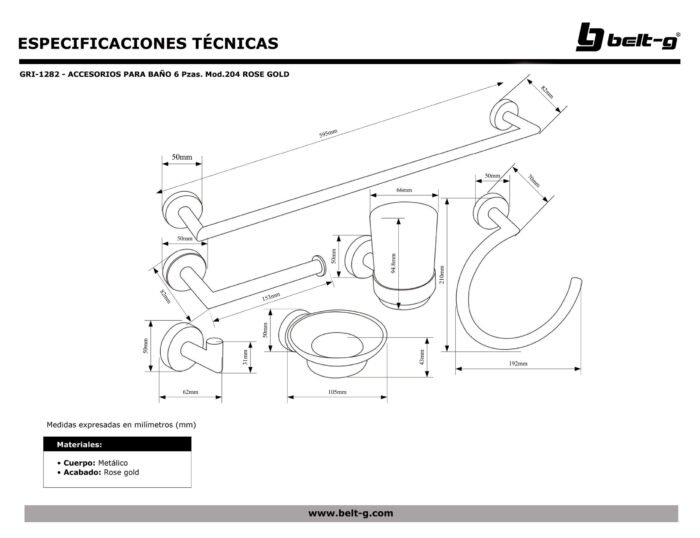 Set de Accesorios para Baño Belt-G Modelo 204 - 6 Piezas Elegante - Imagen 2