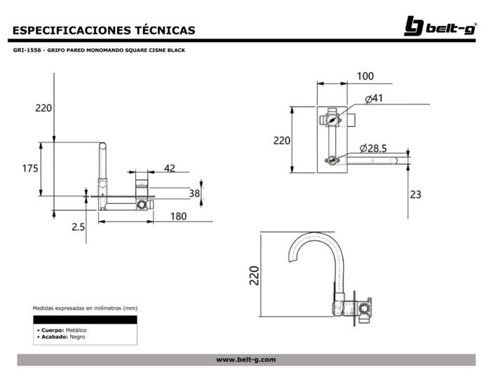 Grifería Fregadero/Lavamano Pared Marca Belt-G Monomando Square Cisne Black - Imagen 2