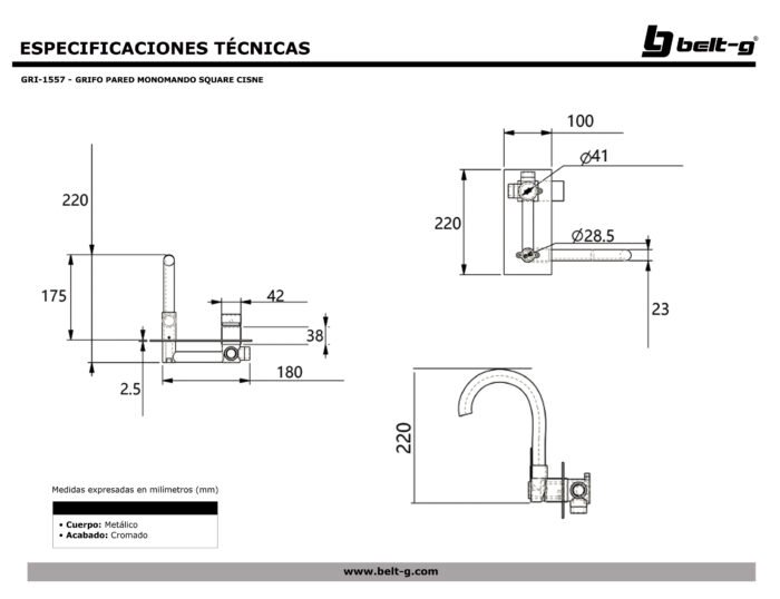 Grifería para Ducha de Pared Belt-G Monomando Square Cisne Cromada - Imagen 2