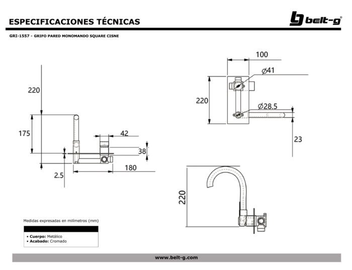 Grifería de Ducha para Pared Marca Belt-G Monomando Square Cisne Cromado - Imagen 2