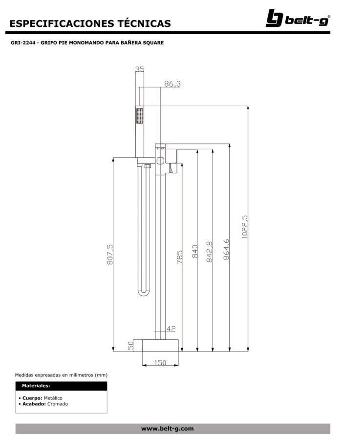 Grifería para Bañera Pie Belt-G Square Monomando Cromado - Imagen 2