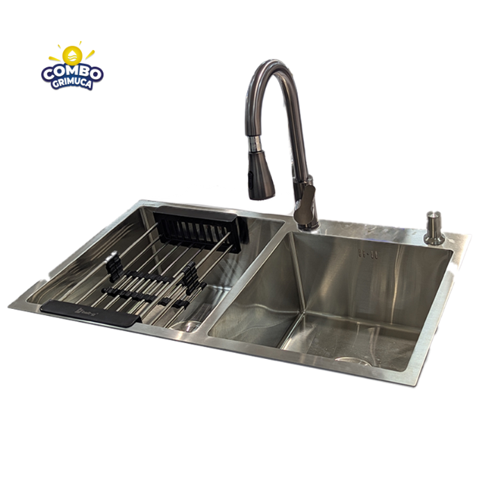 Fregadero De Dos Poncheras Con Grifería, Desague, Cesta y Porta Jabón