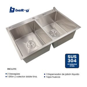 FREGADERO 84x53 DOBLE TINA SOBRE TOPE ACERO INOXIDABLE 304 Belt-G
