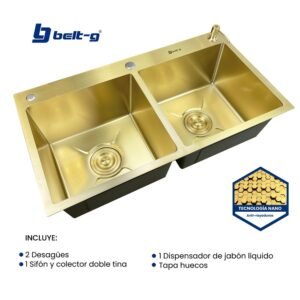 FREGADERO 82x45 DOBLE TINA SOBRE TOPE ACERO NANO GOLDEN BRUSH Belt-G