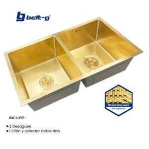 FREGADERO 82x45 DOBLE TINA BAJO TOPE ACERO NANO GOLDEN BRUSH Belt-G