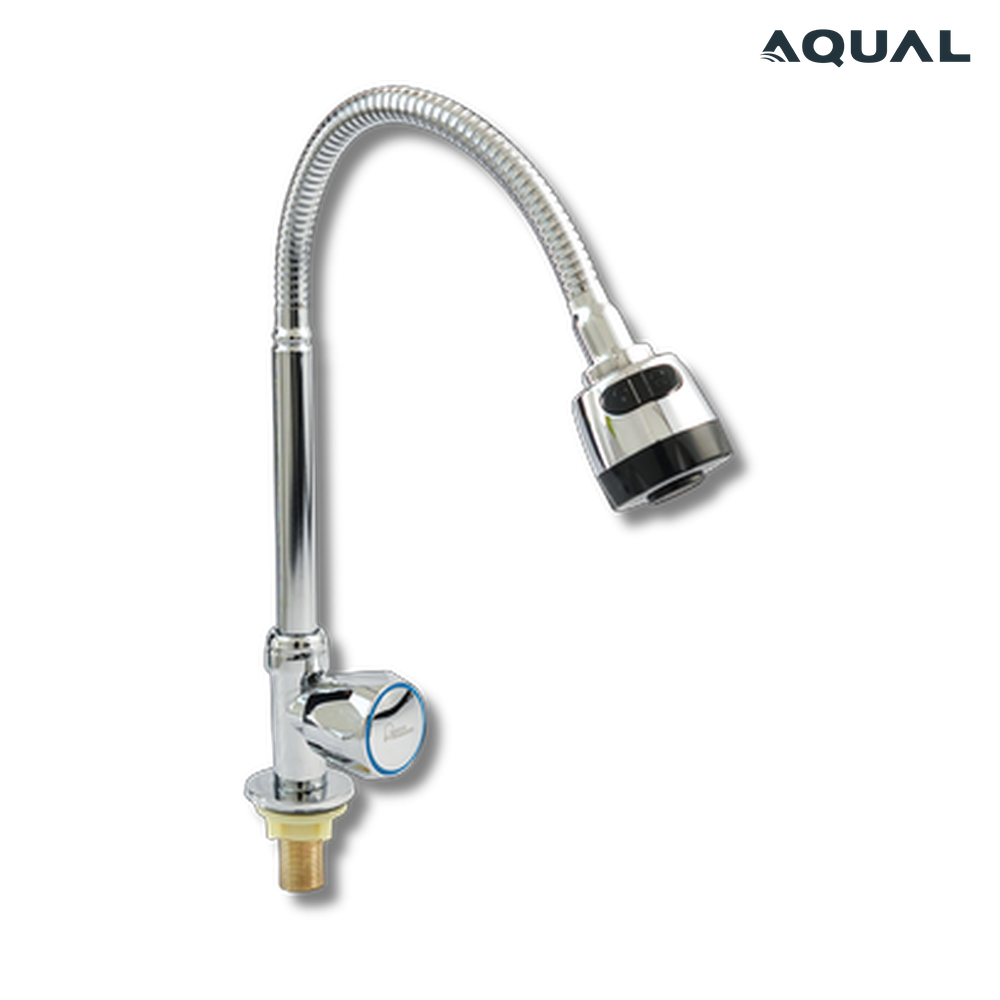 Grifería de fregadero agua fría cromada cuello flexible metálica ¼"