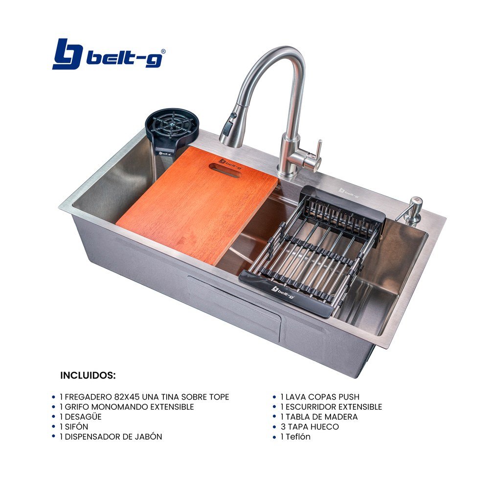 Belt-G Fregadero Marca Belt-G Multifuncional 82 x 45 Bridge Extensible Brushed Satinado Con Todo