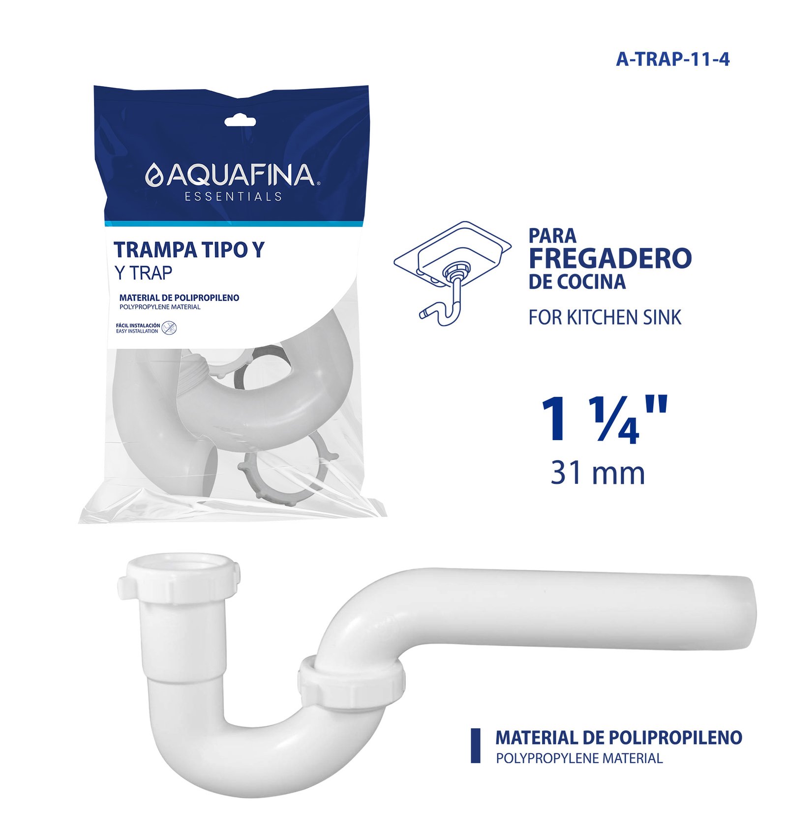 Sifón Plástico con Trampa 1-1/4" Tipo y para Lavamano Aquafina