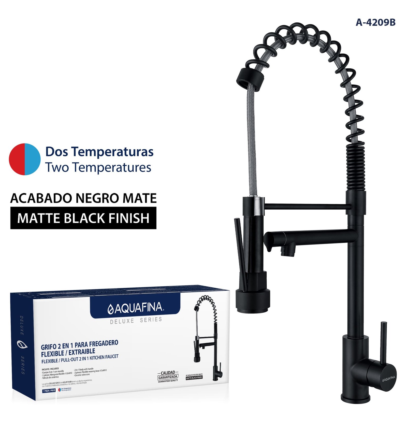 Deluxe Grifería Momando Doble Salida Extraíble/extraible Alta Negro Mate Aquafina