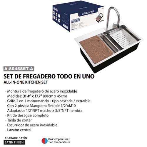 Set de Fregadero C/grifo-desague-escurridor- Tabla D/cortar Todo en Uno Acabado Satinado 80CM X 45CM Aquafina