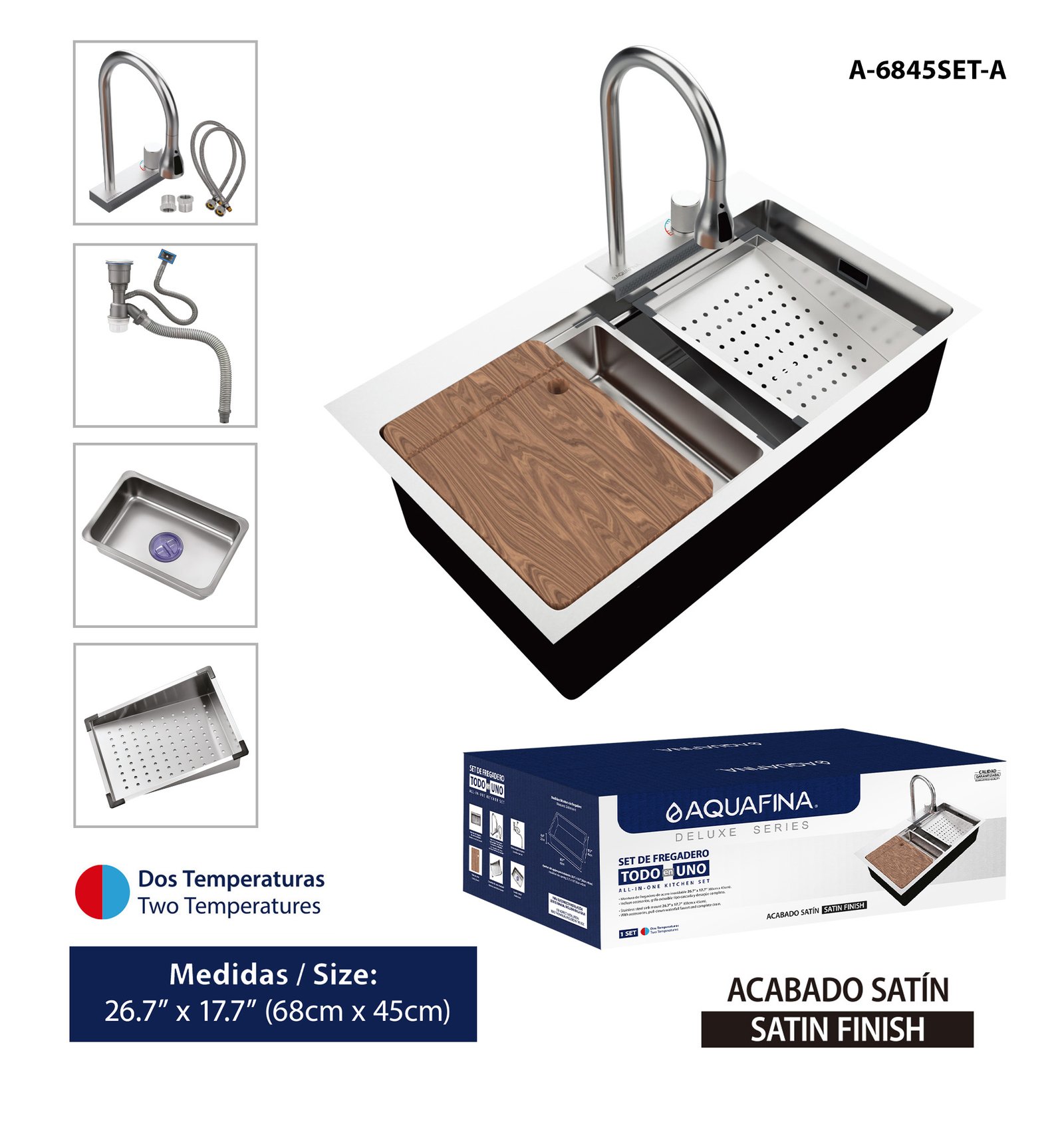 Set de Fregadero C/grifo-desague-escurridor- Tabla D/cortar Todo en Uno /2 Temperaturas Acabado Satinado 68CM X 45CM Aquafina