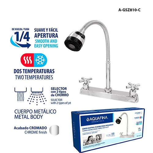 Grifo P/ Fregadero 1/4" Doble 8" Cuello Flexible 11" de Alto Aquafina