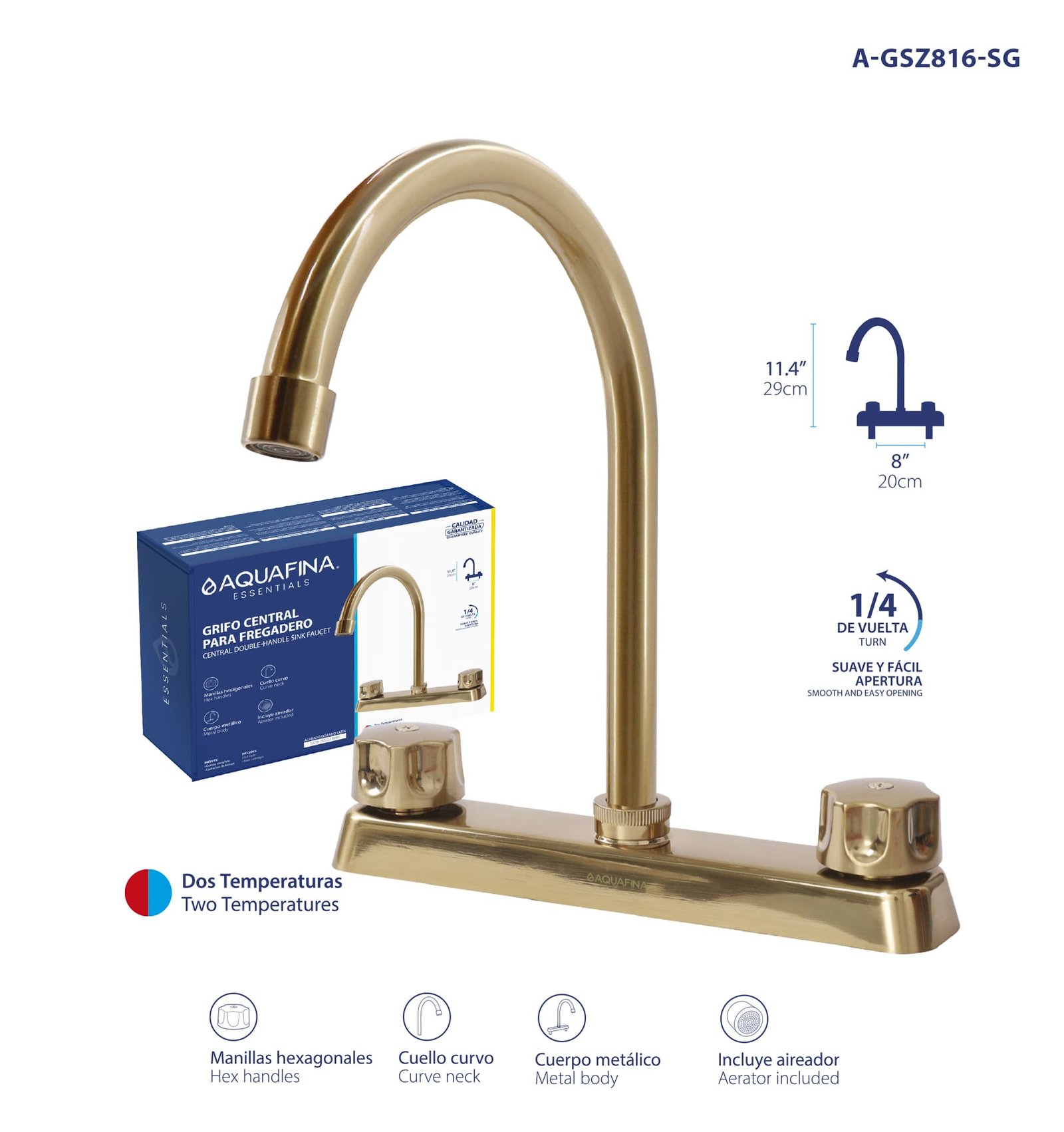 Grifo P/ Fregadero 1/4" Doble 8" Cuello Cisne 11.4" de Alto Aquafina