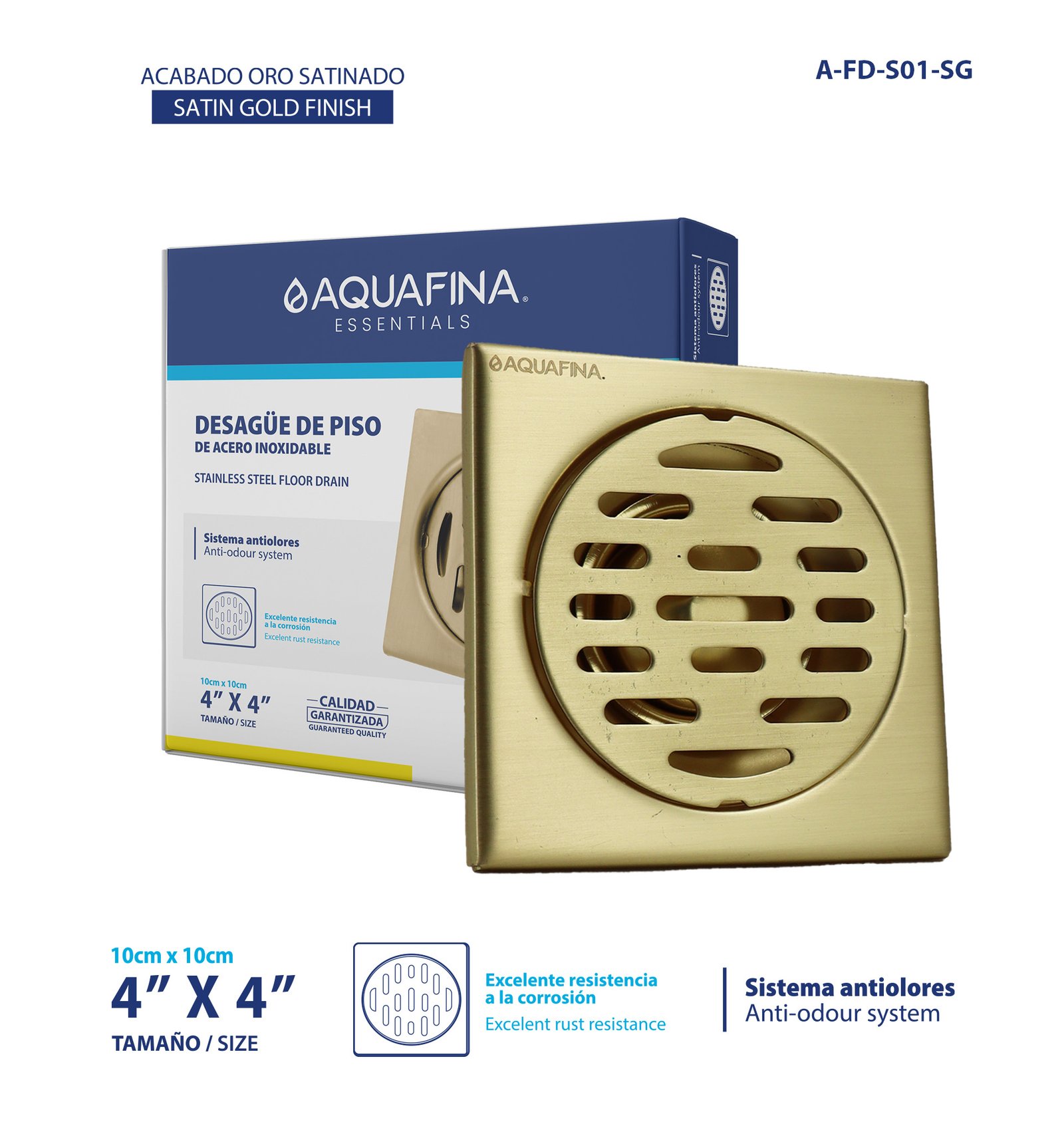 Desagüe para Piso Acero Inoxidable 4"X4"ACABADO Oro Satinado Aquafina