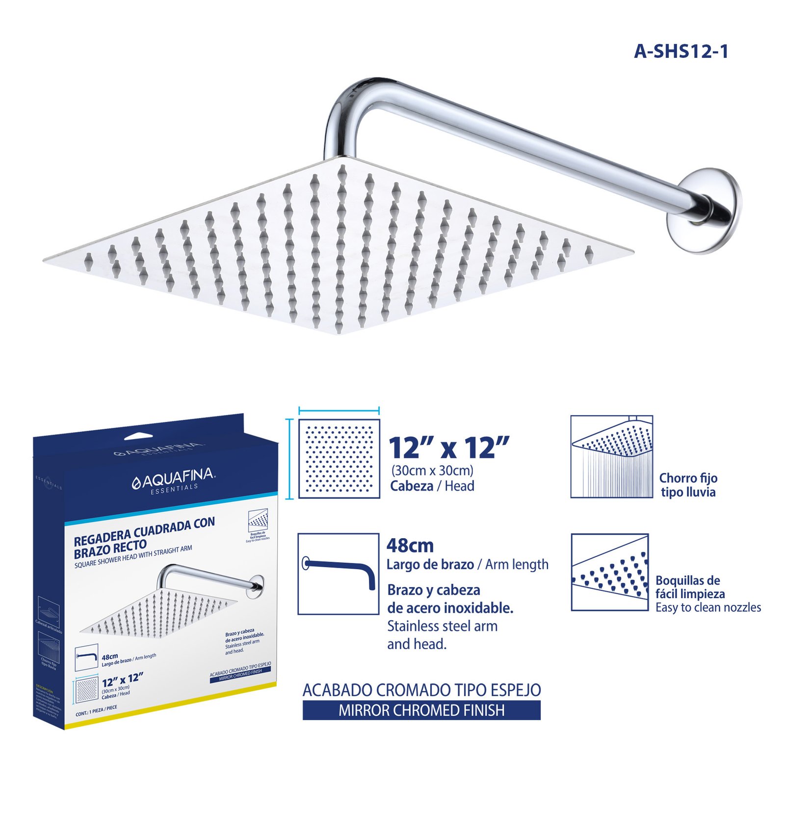 Regadera Cuadrada Ultradelgada 12" con Brazo Recto 48CM Largo Acabado Cromado Tipo Espejo Aquafina
