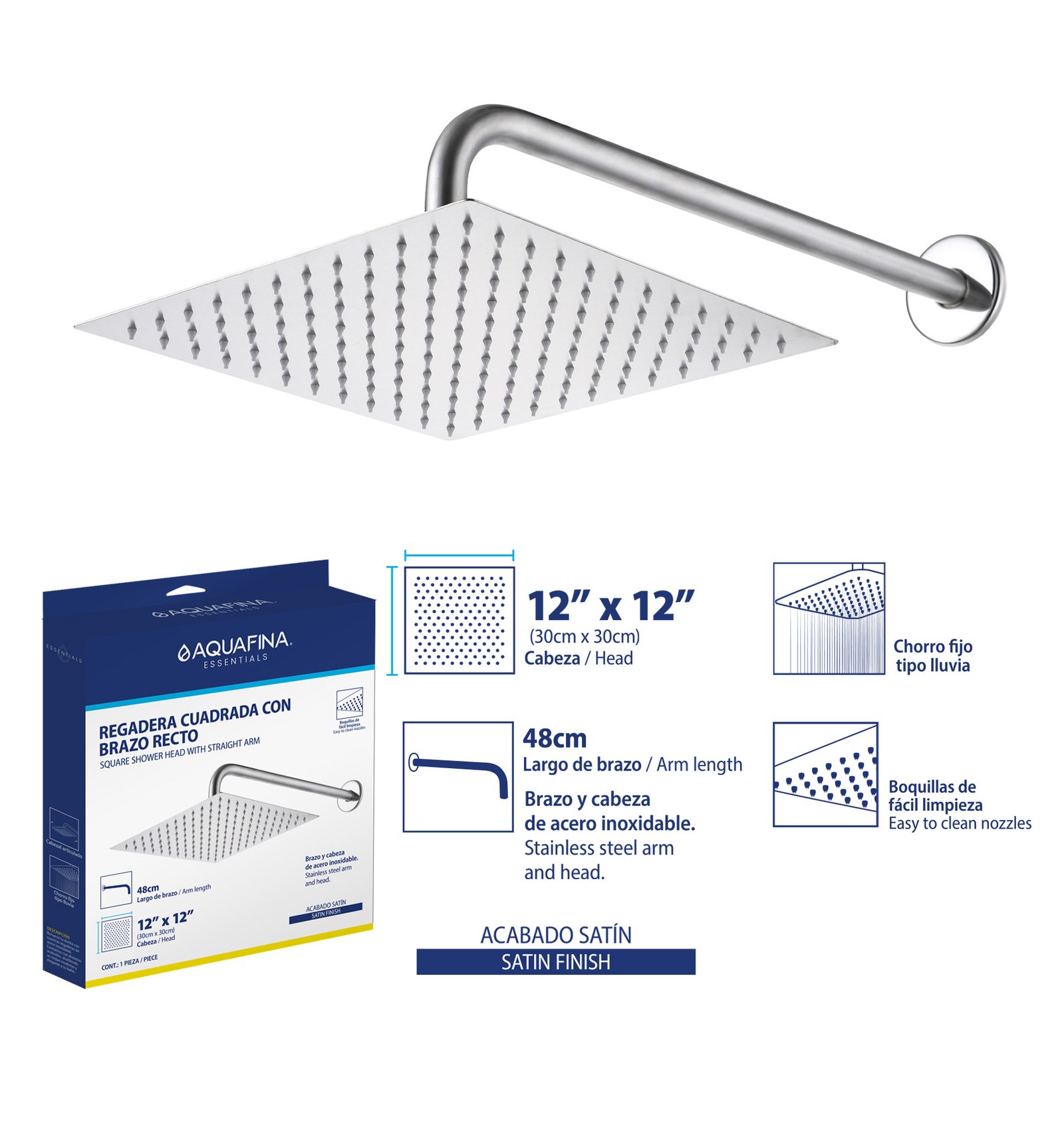 Regadera Cuadrada Ultradelgada 12" con Brazo Recto 48CM Acabado Satinado Aquafina