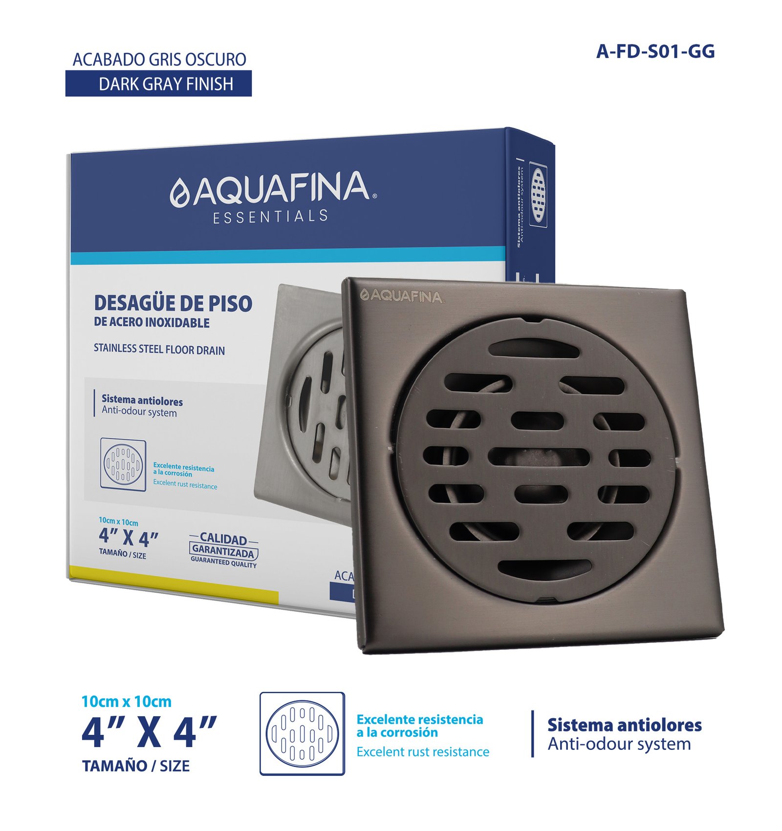 Desagüe para Piso Acero Inoxidable 4"X4"ACABADO Aquafina
