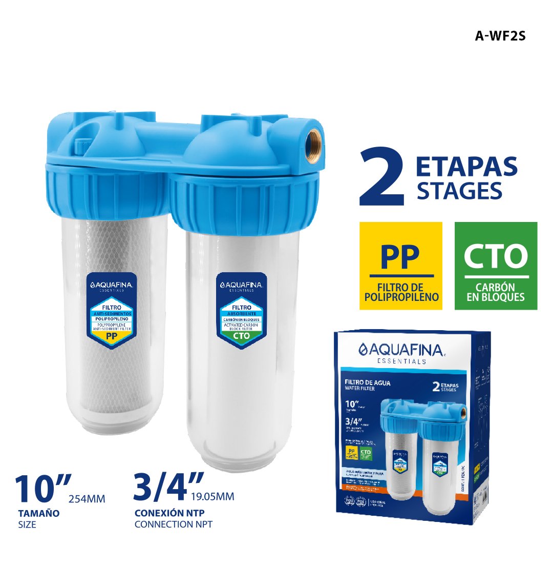 Filtro de Agua 2 Etapas 10"*2.5" Conexion 3/4" Npt C/cartucho Aquafina