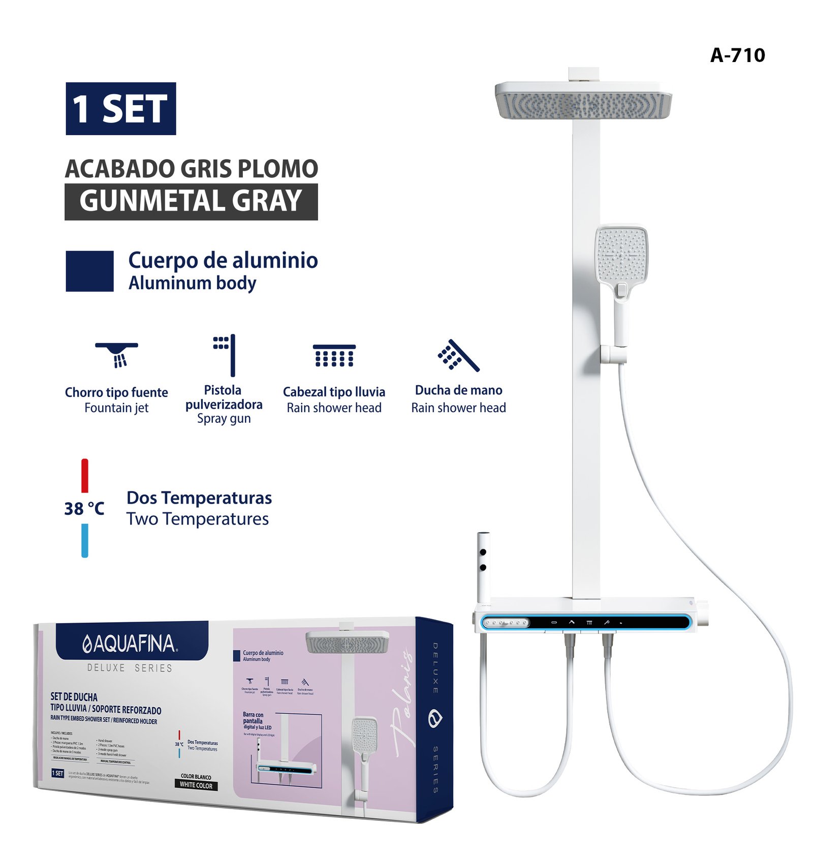 Set de Ducha Tipo Lluvia C/soporte Reforzado y Cuerpo de Aluminio Color Blanco 2 Temperaturas Aquafina