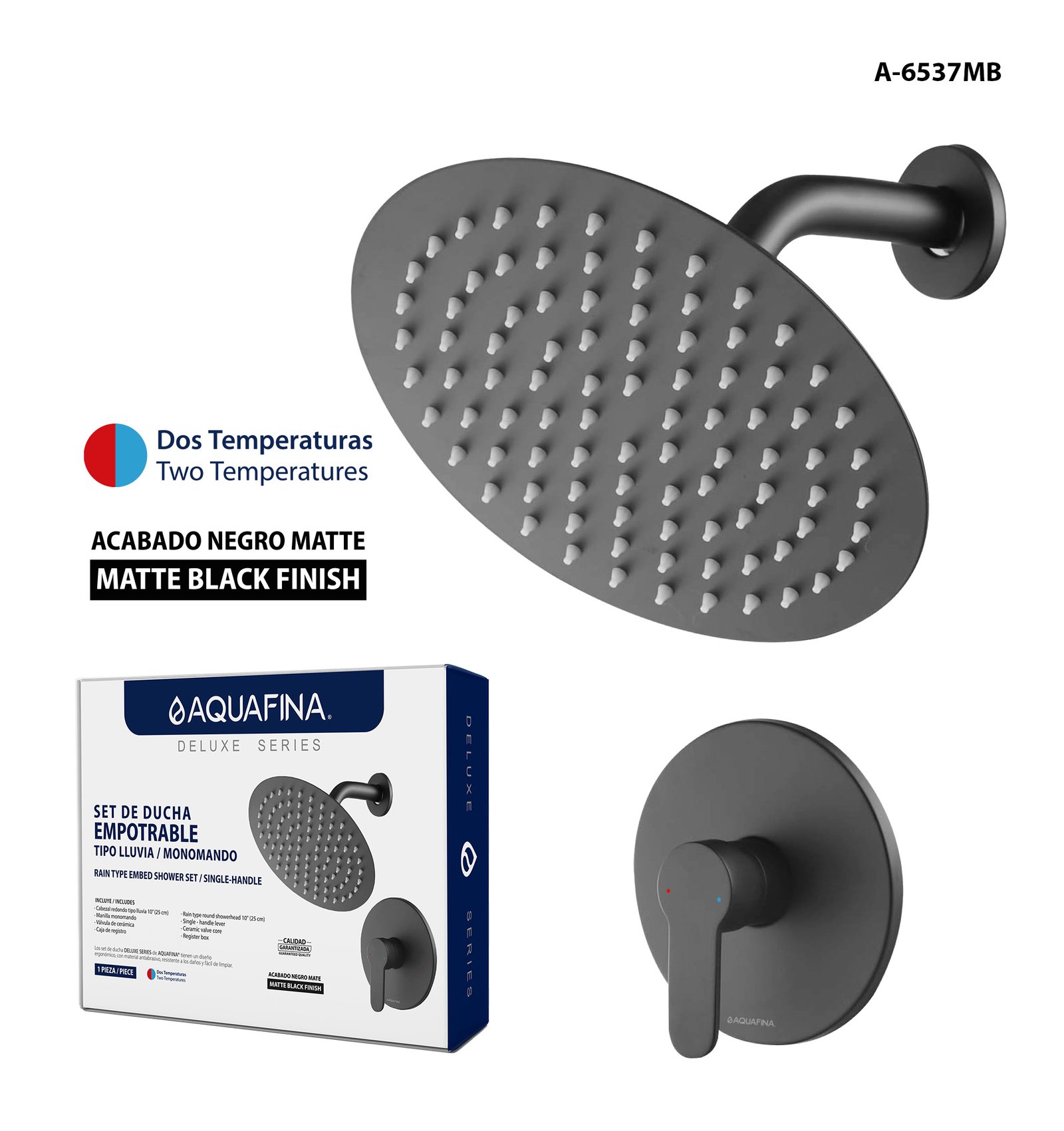 Set Ducha Tipo Lluvia / Monomando Redonda Negra 10" Aquafina