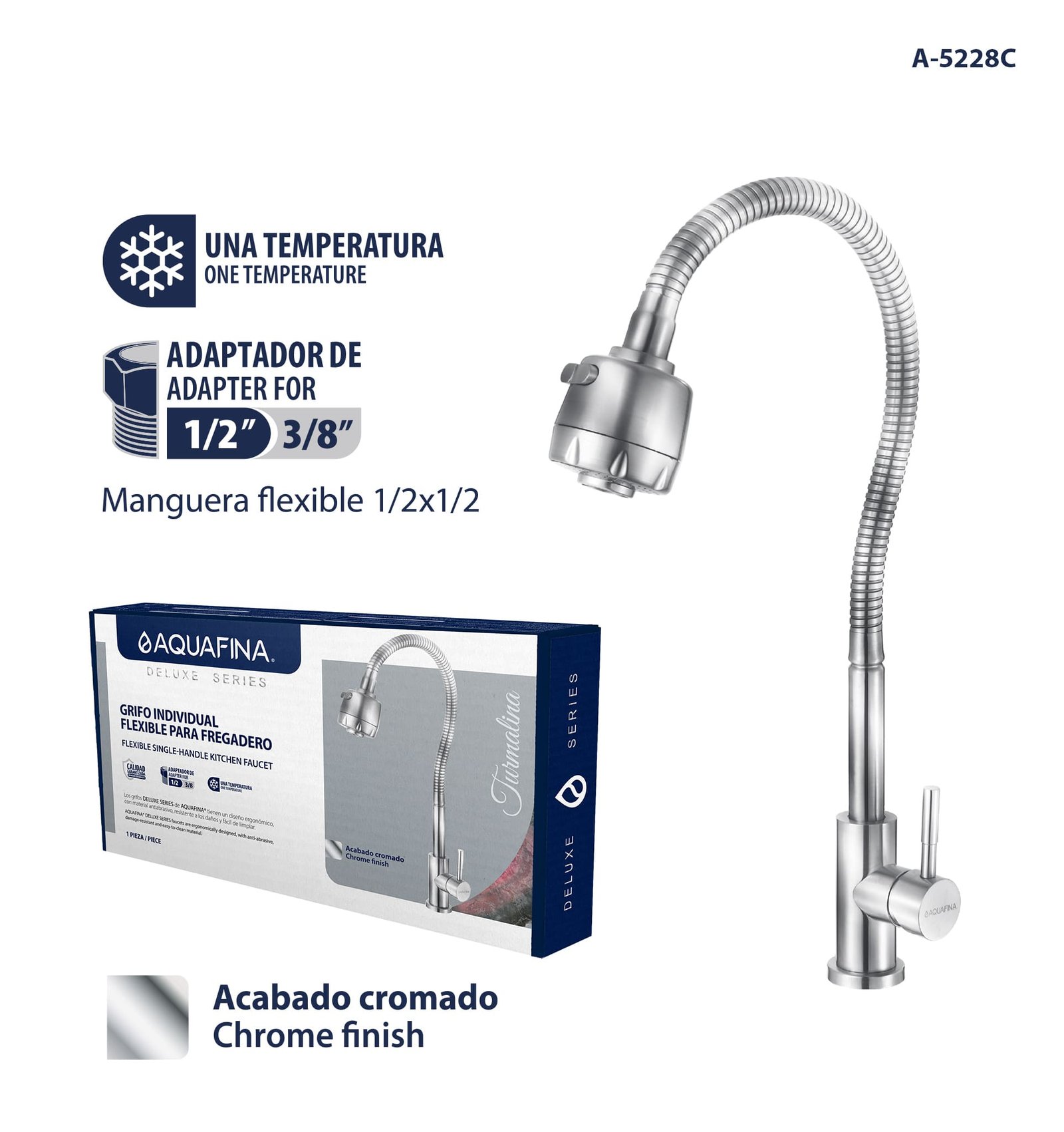 Deluxe Grifo Individual Flexible para Fregadero Acabado Cromado 1 Temperatura Aquafina