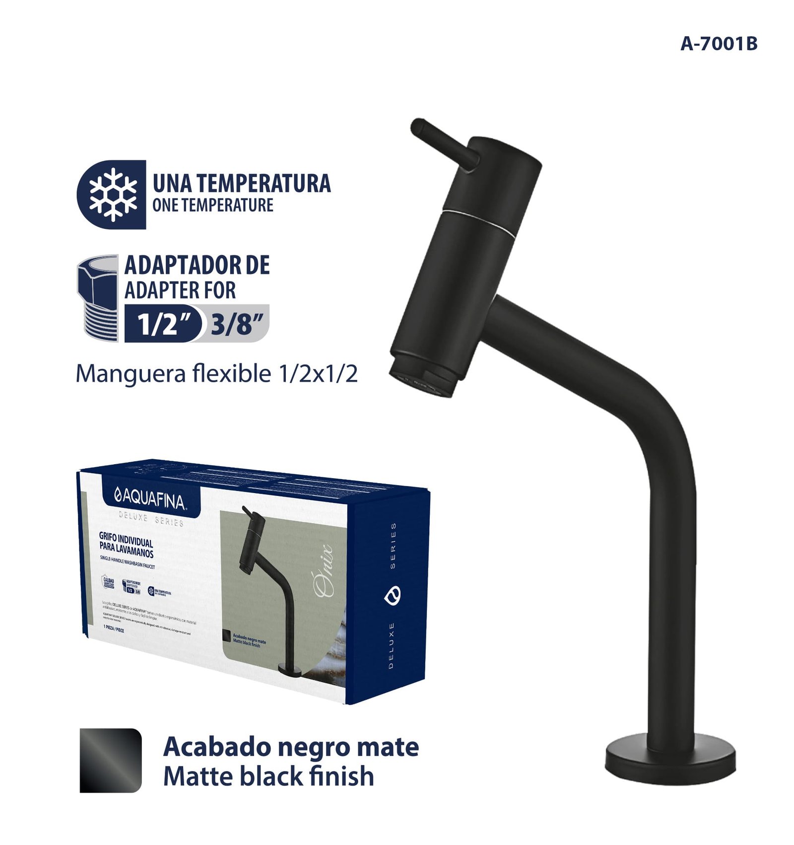Deluxe Grifo Individual para Lavamanos Manguera Flexible 1/2 x 1/2 Acabado Negro Mate Aquafina