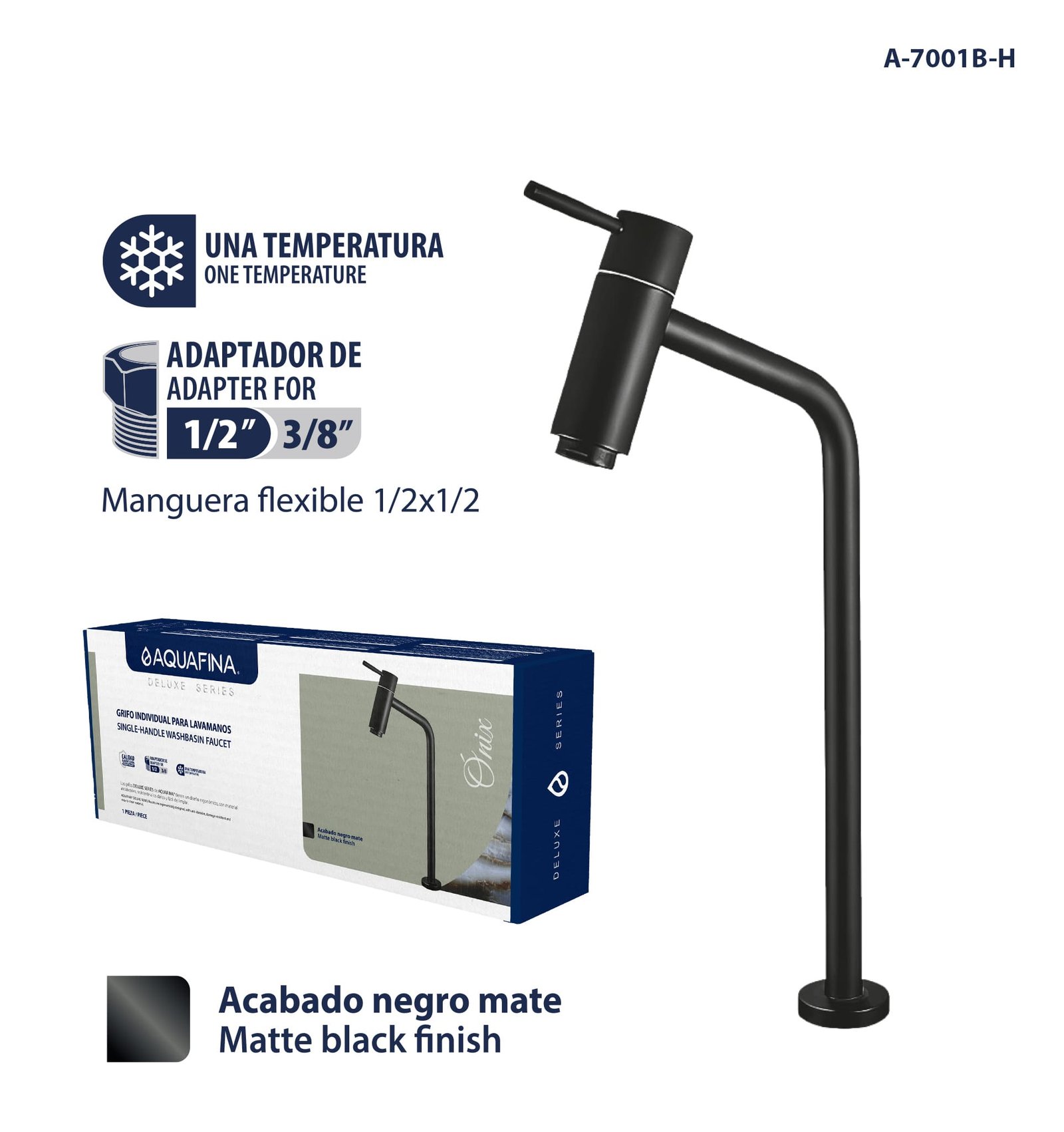 Deluxe Grifo Individual para Lavamanos Manguera Flexible 1/2 x 1/2 Acabado Negro Mate Aquafina