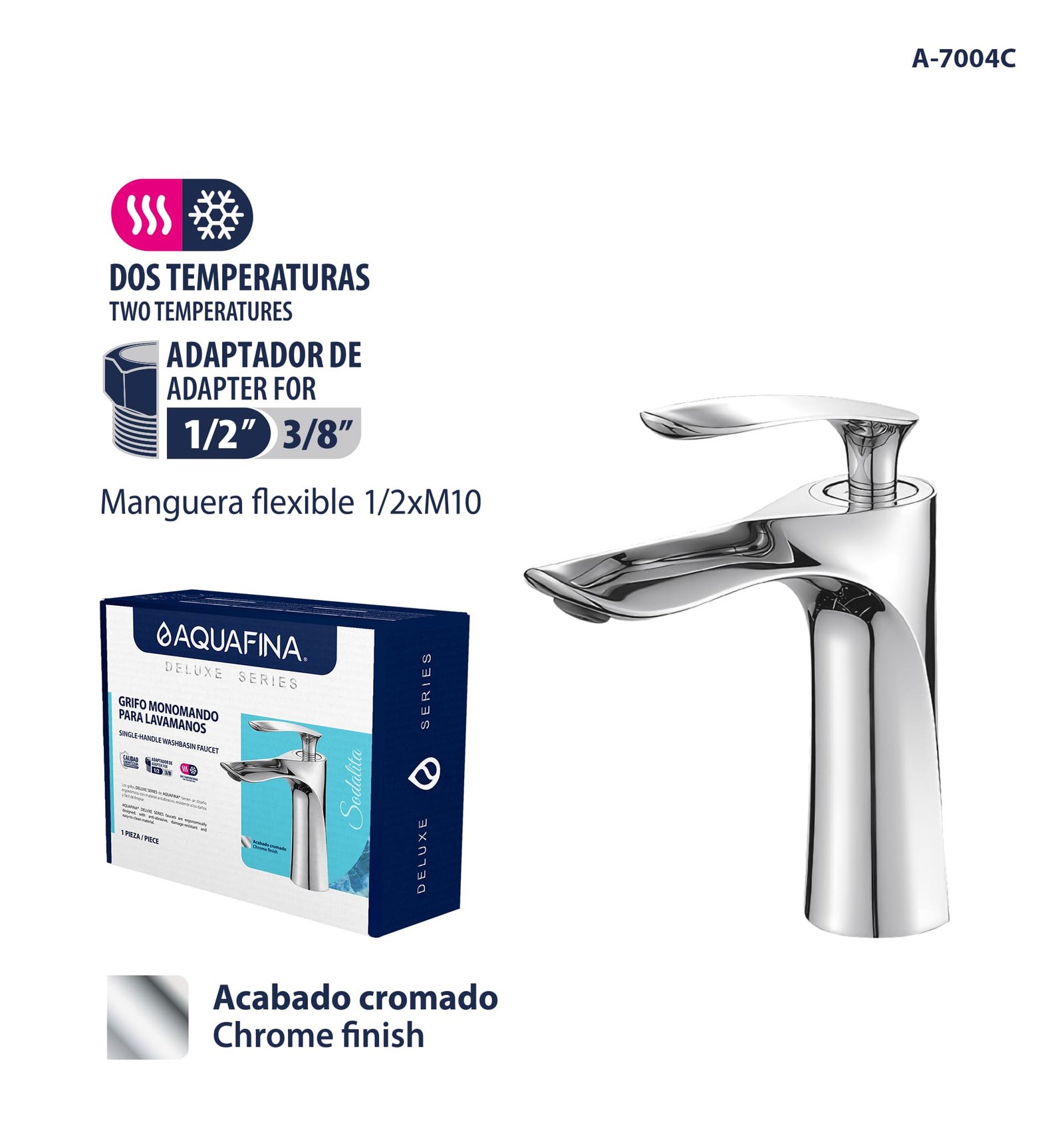 Deluxe Grifo Monomando para Lavamanos Manguera Flexible 1/2 X M10 Acabado Cromado Dos Temperaturas Aquafina