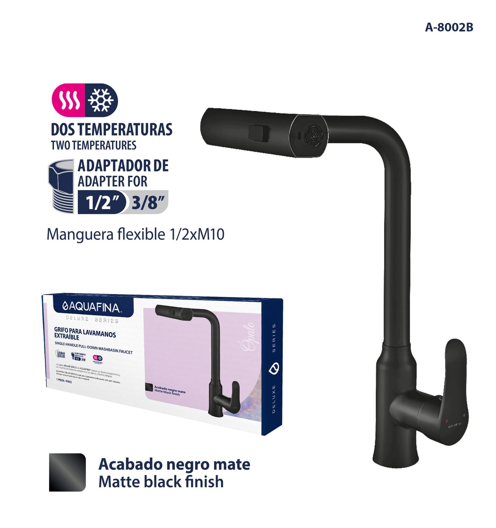 Deluxe Grifo Monomando para Lavamanos Extraíble Acabado Negro Mate Dos Temperaturas Aquafina