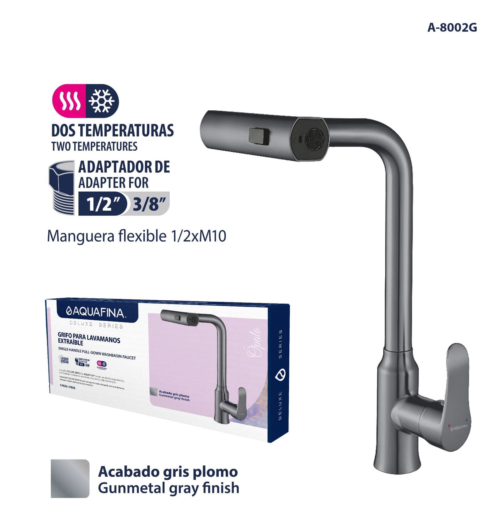 Deluxe Grifo Monomando para Lavamanos Extraíble Acabado Gris Plomo Dos Temperaturas Aquafina