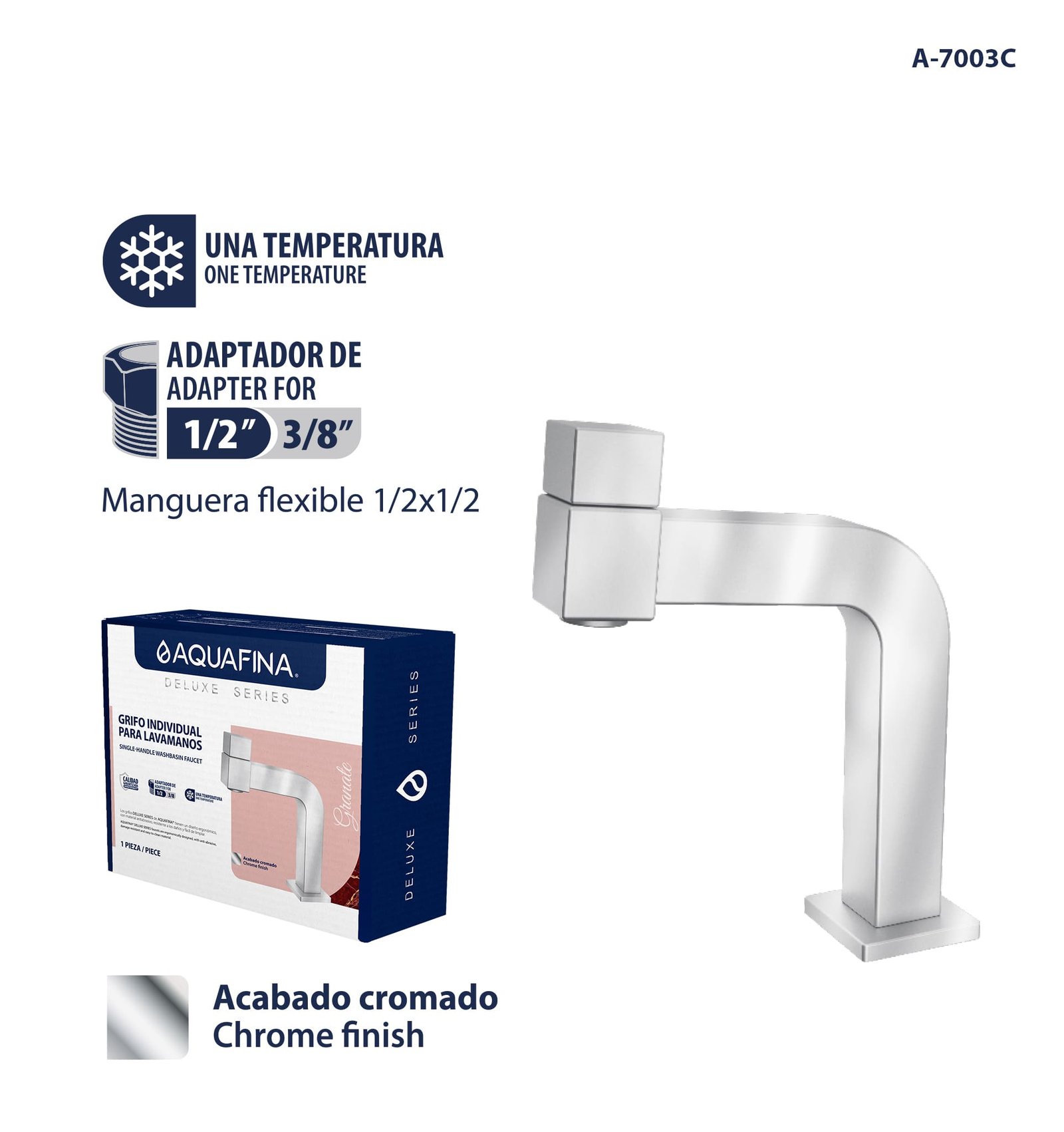 Deluxe Grifo Individual para Lavamanos Manguera Flexible 1/2 x 1/2 Acabado Cromado Aquafina