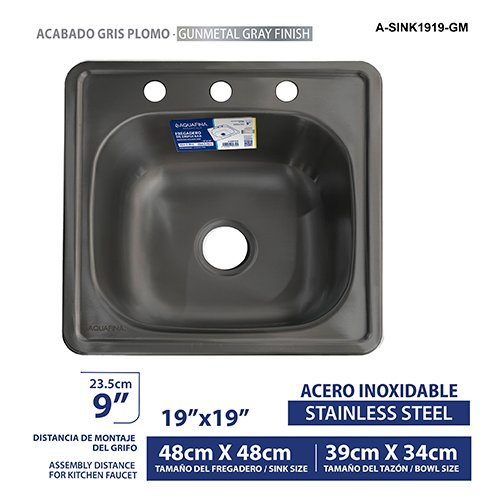 Fregadero Acero Inox. 9" 19"X19"TAMAÑO Fregadero 48CMX48CM Tamaño del Tazon 39CMX34CM Color Gris Plomo Aquafina