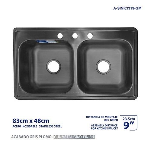 Fregadero Doble Acero Inox. 9" 83CM X 48CM Color Gris Plomo Aquafina
