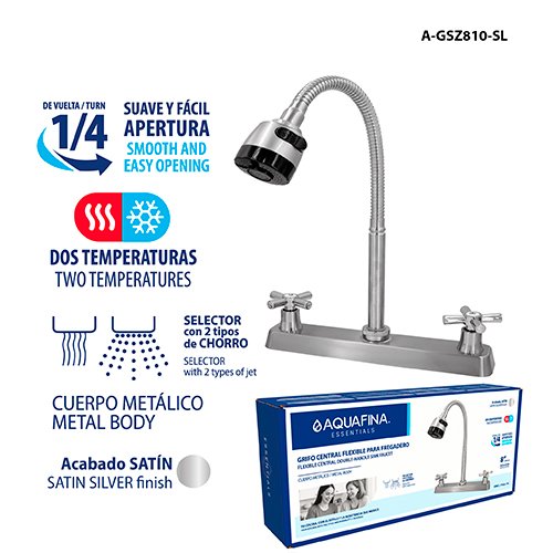 Grifo P/ Fregadero 1/4" Doble 8" Cuello Flexible 8" de Alto Acabado Satinado Aquafina