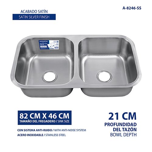Fregadero Doble Acero Inox. 9" 82CM X 46CM Profundidad 21CM Acabado Satinado Aquafina