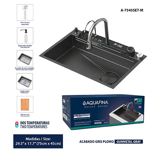 Set de Fregadero All In One 75 x 45CM A/I Gris Plomo Filtro de Agua, Dispensador de Jabón, Escurridor A.i,tabla para Cortar A-7545SET-M Aquafina