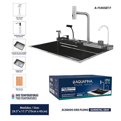 Set de Fregadero All In One 75 x 45CM A/I Gris Plomo Incluye Filtro de Agua, Dispensador de Jabón, Escurridor A.i,tabla para Cortar A-7545SET-F Aquafina