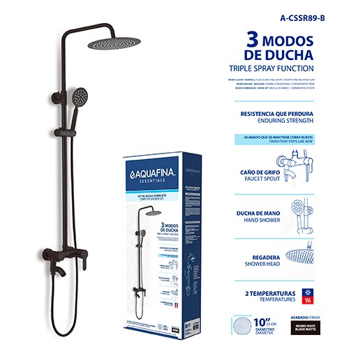 Set de Ducha Completo Redondo 10" 3 Modos de Ducha (caño de Grifo, Ducha de Mano, Regadera, 2 Temperaturas) Acabado Negro Mate Aquafina