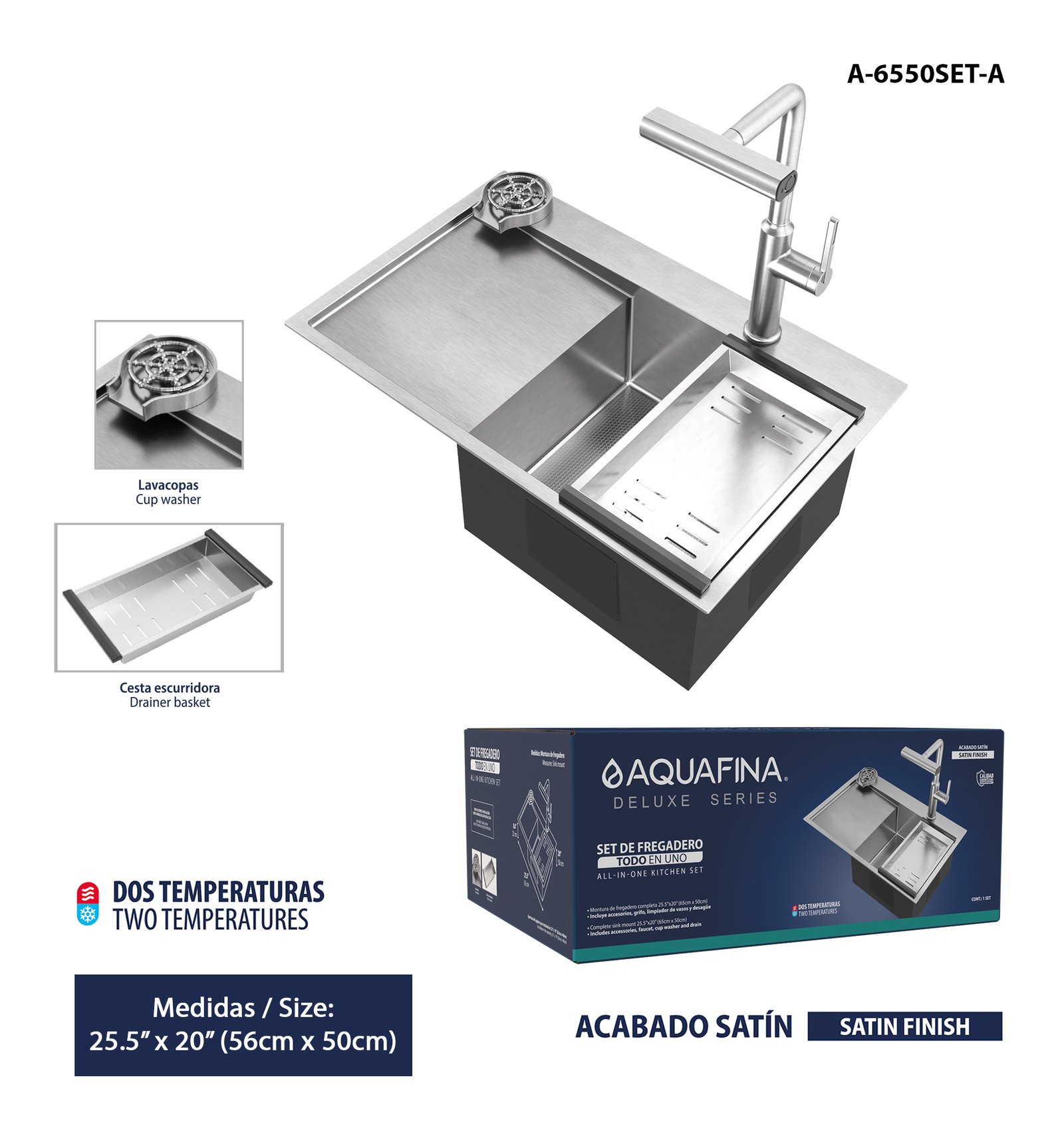 Set de Fregadero All In One 56CM X 50CM Accesorios: Grifo, Lavacopas,cesta Escurridora y Desagüe Acabado Satinado Aquafina