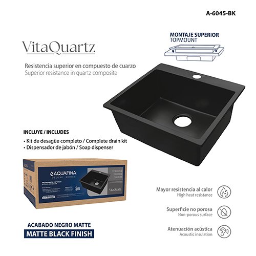 Fregadero Quartzo 1TINA (60CMX45CM) Acabado Negro Mate Incluye: Kit de Desagüe Completo + Dispensador de Jabón Aquafina