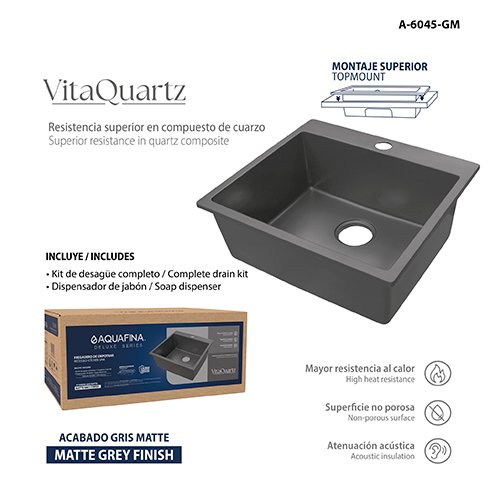 Fregadero de Quartzo 1TINA (60CMX45CM) Acabado Gris Plomo Incluye: Kit de Desagüe Completo + Dispensador de Jabón Aquafina