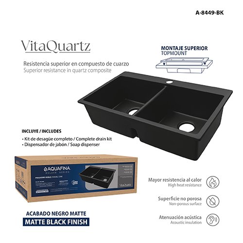 Fregadero Doble Quartzo 84CM X 49CM Acabado Negro Mate Incluye: Kit de Desagüe Completo + Dispensador de Jabón Aquafina
