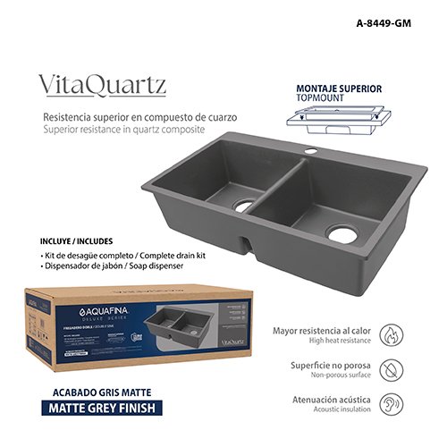 Fregadero Doble de Quartzo 84CM X 49CM Acabado Gris Mate Incluye: Kit de Desagüe de Completo + Dispensador de Jabón Aquafina