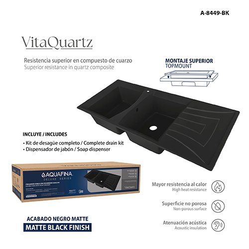 Fregadero Doble C/escurridor Derecho Quartzo. 84CM X 49CM Acabado Negro Mate Incluye: Kit de Desagüe Completo + Dispensador de Jabón Aquafina