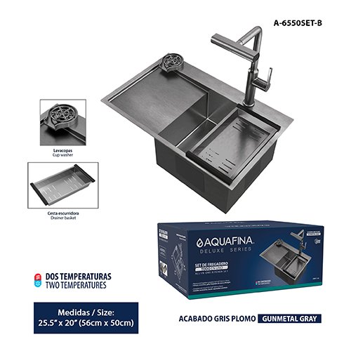 Set de Fregadero All In One 56CM X 50CM Accesorios: Grifo, Lavacopas, Cesta Escurridora Acabado Gris Plomo Aquafina