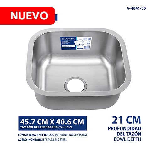 Fregadero Central de Acero Inoxidable 1 Tina (45.7CM X 40.6CM) 21CM Profundidad/ Sistema Anti- Ruido Acabado Satinado Aquafina