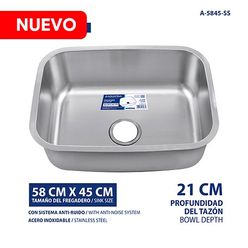 Fregadero Central de Acero Inoxidable 1 Tina (58CM X 45CM) 21CM Profundidad/ Sistema Anti- Ruido Acabado Satinado Aquafina