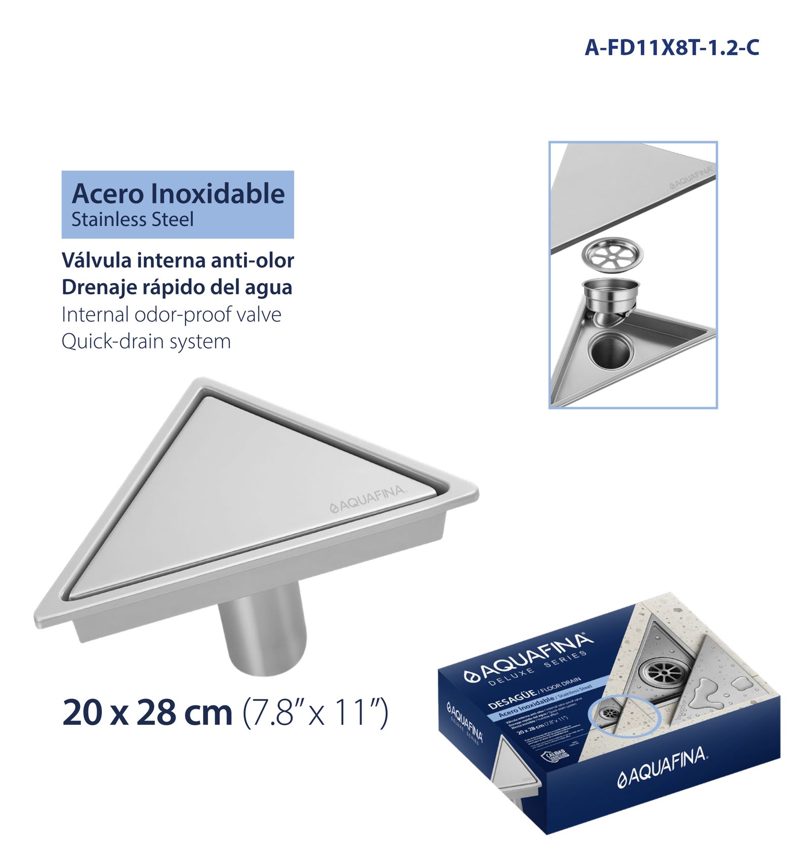 Desagüe para Piso Triangular Invisible 7.8"X11" (20 x 28CM) Válvula Interna Anti-olor Material Acero Inoxidable Aquafina